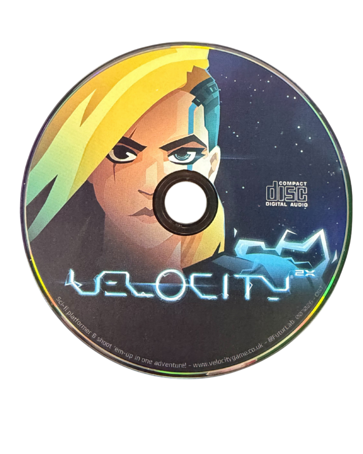 Velocity 2X for PS4 featuring fast-paced shoot ’em up action and platforming gameplay soundtrack disc