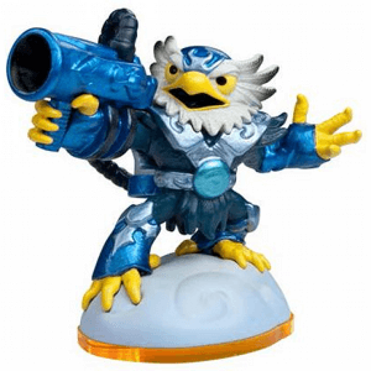 Jet-Vac Skylanders Giants figure, eagle-like air element character with mechanical wings and turbine jet pack, holding suction vacuum blaster, detailed collectible toy on portal base from Skylanders Giants game series