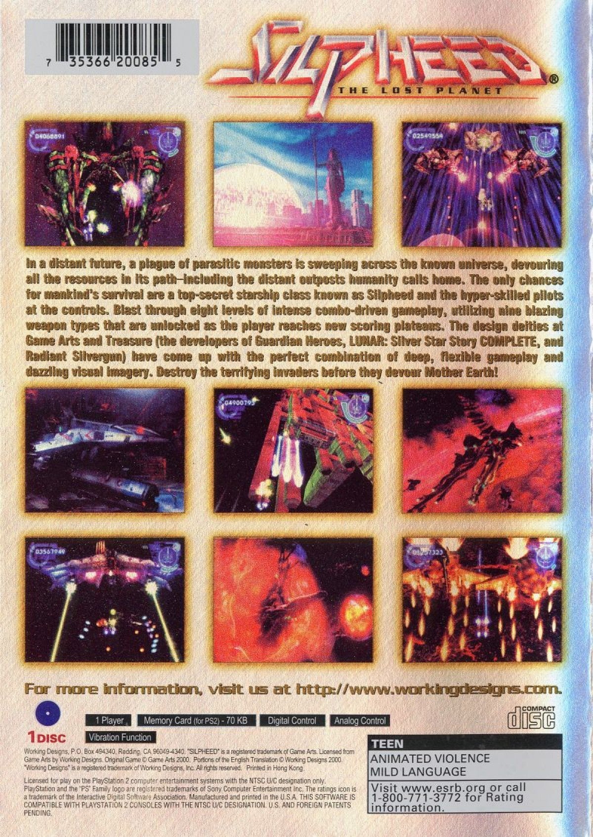 Silpheed PS2 Sony PlayStation 2 shoot em up shmup space shooter sci fi arcade action vertical scrolling shooter Silpheed The Lost Planet Treasure cinematic gameplay retro gaming PlayStation 2 software video game title back cover art