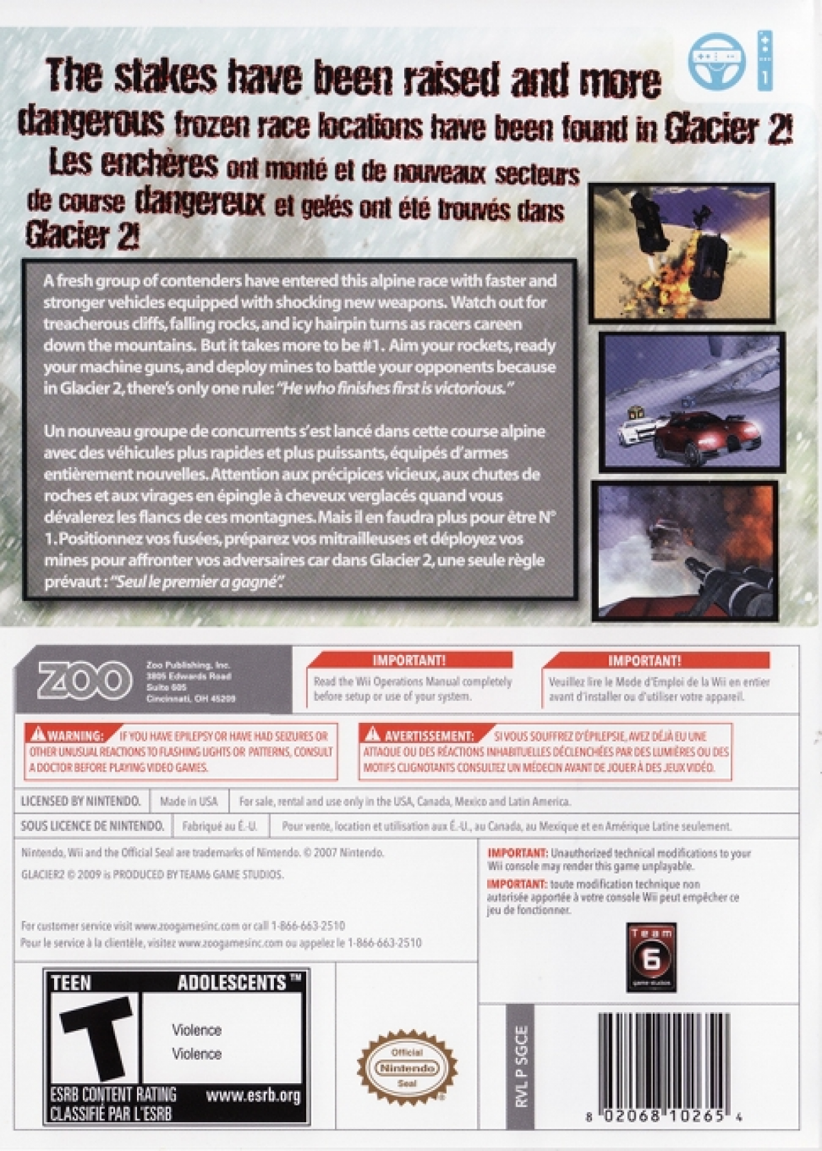 Glacier 2 Nintendo Wii video game, arcade-style shooting action, motion-controlled gameplay, console title gameplay screenshot back cover