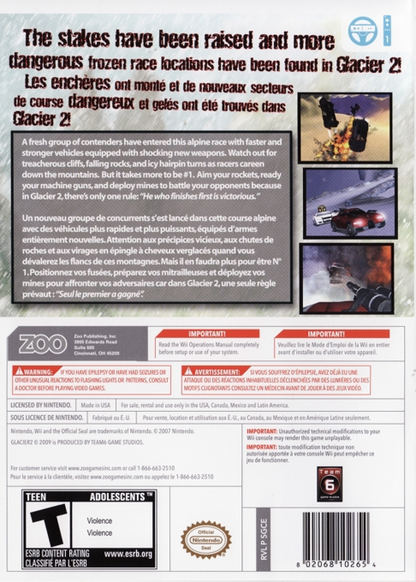 Glacier 2 Nintendo Wii video game, arcade-style shooting action, motion-controlled gameplay, console title gameplay screenshot back cover