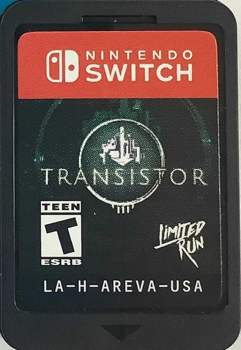 Transistor Nintendo Switch game featuring strategic action RPG combat and futuristic sci-fi storytelling cartridge