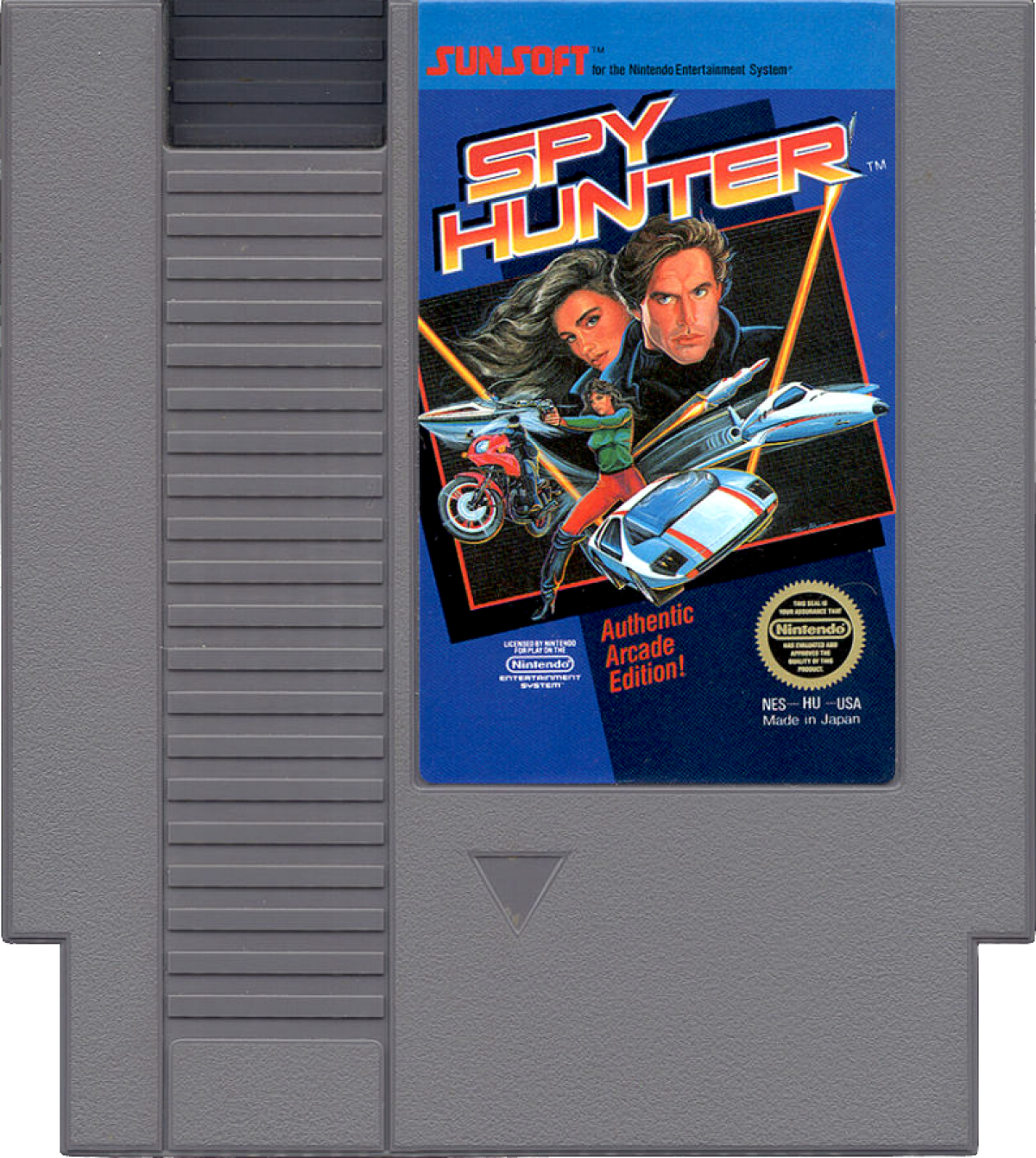 Spy Hunter cartridge for the Nintendo Entertainment System featuring 8 bit top down driving shooter gameplay with high speed car chases weapon upgrades and enemy vehicles across dangerous highways cartridge