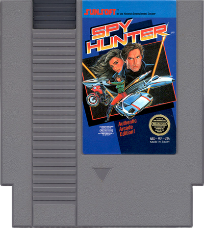 Spy Hunter cartridge for the Nintendo Entertainment System featuring 8 bit top down driving shooter gameplay with high speed car chases weapon upgrades and enemy vehicles across dangerous highways cartridge