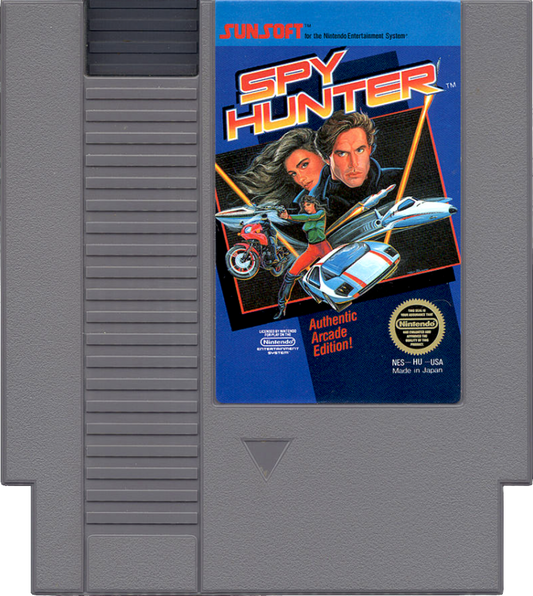 Spy Hunter cartridge for the Nintendo Entertainment System featuring 8 bit top down driving shooter gameplay with high speed car chases weapon upgrades and enemy vehicles across dangerous highways cartridge