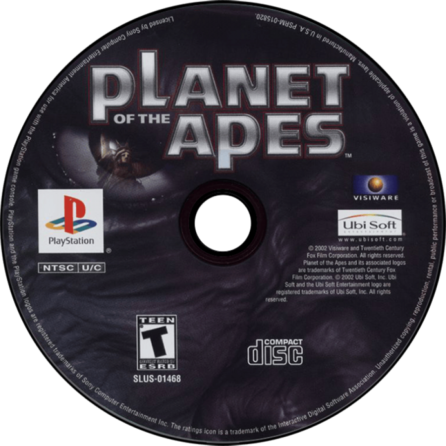 Planet of the Apes game for the PlayStation featuring action adventure gameplay with platforming combat and exploration elements based on the film franchise as players navigate a world ruled by intelligent apes and uncover a story driven narrative disc 