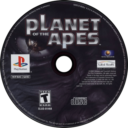 Planet of the Apes game for the PlayStation featuring action adventure gameplay with platforming combat and exploration elements based on the film franchise as players navigate a world ruled by intelligent apes and uncover a story driven narrative disc 