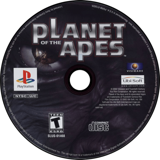 Planet of the Apes game for the PlayStation featuring action adventure gameplay with platforming combat and exploration elements based on the film franchise as players navigate a world ruled by intelligent apes and uncover a story driven narrative disc 