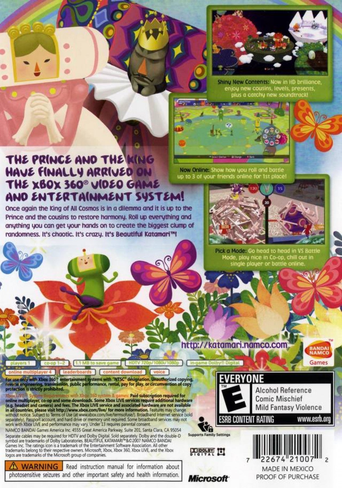 Beautiful Katamari Xbox 360 game featuring quirky puzzle-action gameplay, rolling collectible mechanics, and colorful, whimsical worlds back cover art