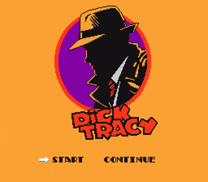 Dick Tracy retro NES video game Dick Tracy action shooter crime fighting side scrolling gameplay detective adventure movie based classic console title Nintendo Entertainment System release title screen