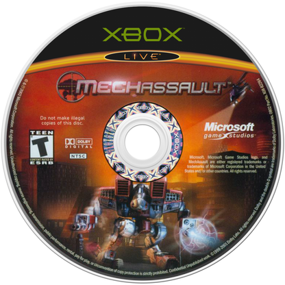 MechAssault for Xbox (XBOX) at Gamers INC, featuring the explosive third-person vehicular combat hit that puts you in the cockpit of a towering BattleMech to rain destruction across fully destructible environments; as a pilot of the legendary Wolf's Dragoons, utilize a devastating arsenal of lasers, missiles, and autocannons to topple buildings and crush the Word of Blake in this groundbreaking title that served as a premier showcase for the power of Xbox and early Xbox Live online warfare disc