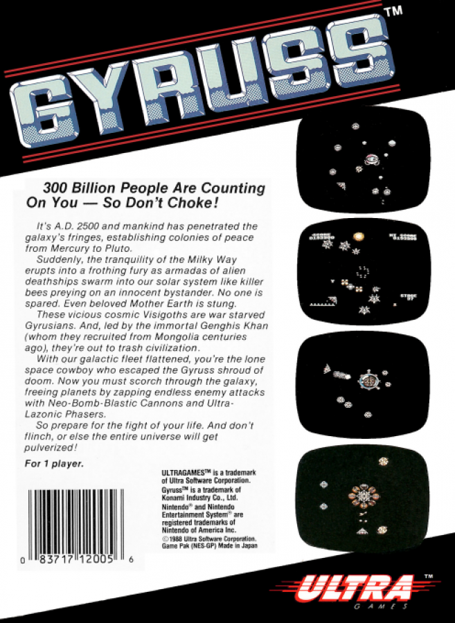 Gyruss back of box for Nintendo Entertainment System (NES) retro video game
