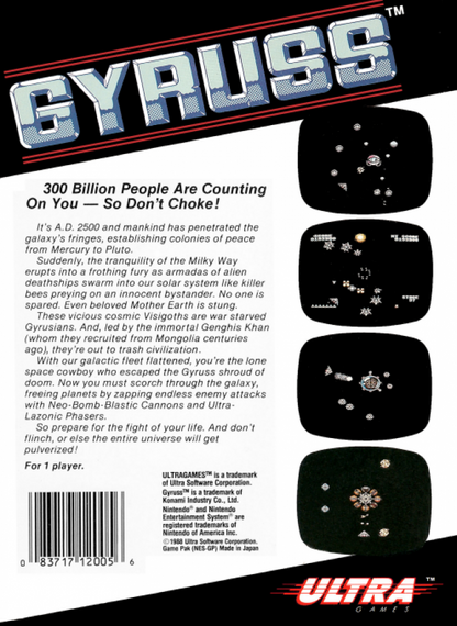 Gyruss back of box for Nintendo Entertainment System (NES) retro video game