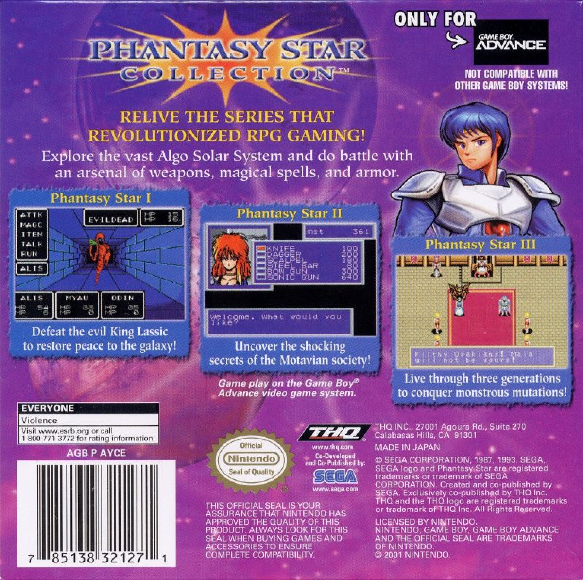 Phantasy Star Collection Game Boy Advance GBA for retro video game enthusiasts featuring classic role playing gameplay compilation of legendary Phantasy Star adventures turn based combat sci fi fantasy storytelling dungeon exploration mechanics portable handheld RPG experience and collectible gaming appeal back cover