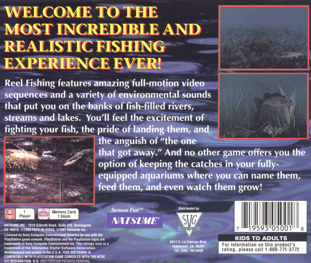 Reel Fishing [Greatest Hits] back cover art for PlayStation 1 (PS1) fishing video game. 