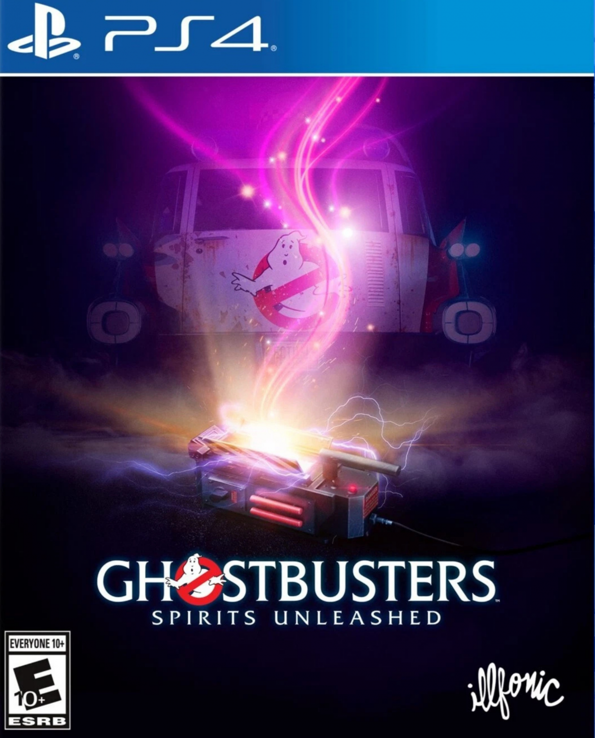 Ghostbusters: Spirits Unleashed for PlayStation 4 (PS4) at Gamers INC, featuring fun asymmetrical multiplayer where teams of Ghostbusters hunt a player-controlled ghost, with customizable gear, classic Ghostbusters humor, and spooky haunted locations to capture or escape from the paranormal chaos front cover