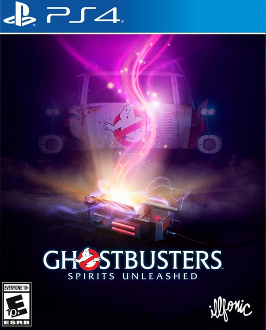 Ghostbusters: Spirits Unleashed for PlayStation 4 (PS4) at Gamers INC, featuring fun asymmetrical multiplayer where teams of Ghostbusters hunt a player-controlled ghost, with customizable gear, classic Ghostbusters humor, and spooky haunted locations to capture or escape from the paranormal chaos front cover