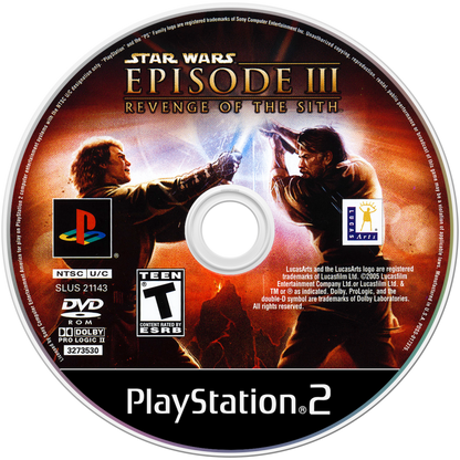 Star Wars: Episode III – Revenge of the Sith – PlayStation 2 (PS2) video game disc, action-adventure lightsaber combat.