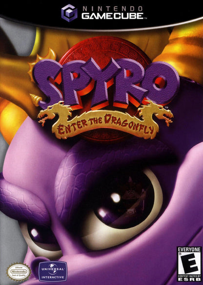 Spyro Enter the Dragonfly Nintendo GameCube GC video game featuring Spyro the Dragon action adventure platforming gameplay colorful fantasy worlds dragonfly collection exploration puzzle solving and combat challenges retro video game Nintendo GameCube collection collectible gaming appeal front cover art
