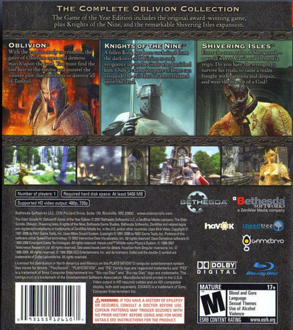 Elder Scrolls IV Oblivion Game of the Year Edition PlayStation 3 open-world action RPG Bethesda massive fantasy realm Cyrodiil first-person or third-person combat character creation guilds factions Mages Guild Fighters Guild Dark Brotherhood Thieves Guild main quest Oblivion gates Mehrunes Dagon Shivering Isles expansion Knights of the Nine expansion hundreds of hours exploration dungeon crawling spellcasting swordplay enchanting alchemy NPC interactions radiant AI back cover