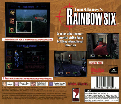 Tom Clancy's Rainbow Six game for the PlayStation featuring tactical first person shooter gameplay with squad based command mechanics mission planning stealth elements and realistic counter terrorism operations across multiple global scenarios back cover