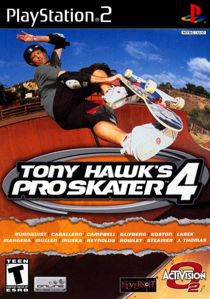 Tony Hawk's Pro Skater 4 PlayStation 2 PS2 video game featuring skateboarding action gameplay professional skaters trick combos grinding ramps skate parks career mode challenges high score objectives and classic 128 bit PlayStation 2 gameplay retro video game collection collectible gaming appeal cover art