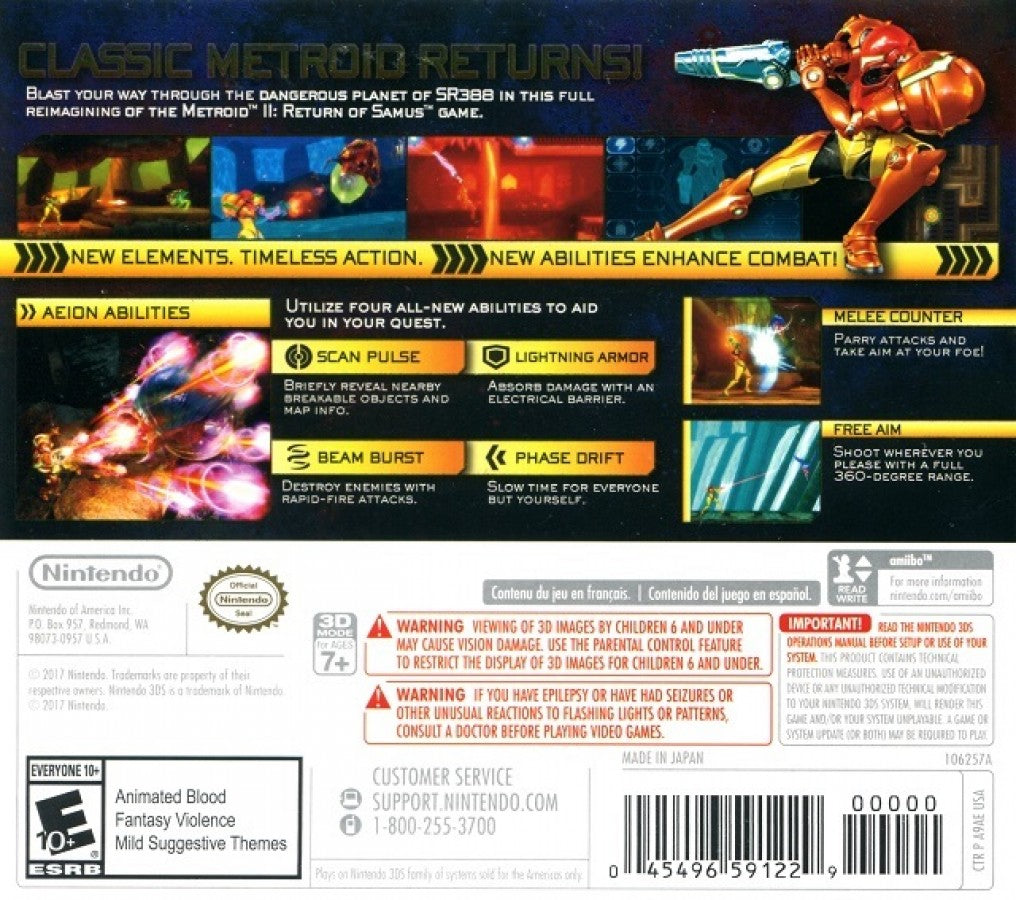 Metroid: Samus Returns back cover art for Nintendo 3DS (3DS) video game
