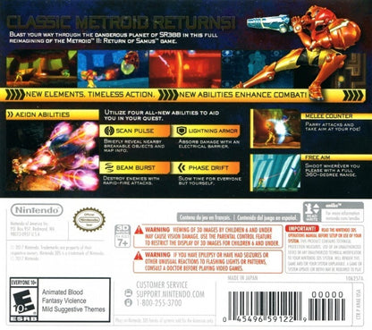 Metroid: Samus Returns back cover art for Nintendo 3DS (3DS) video game