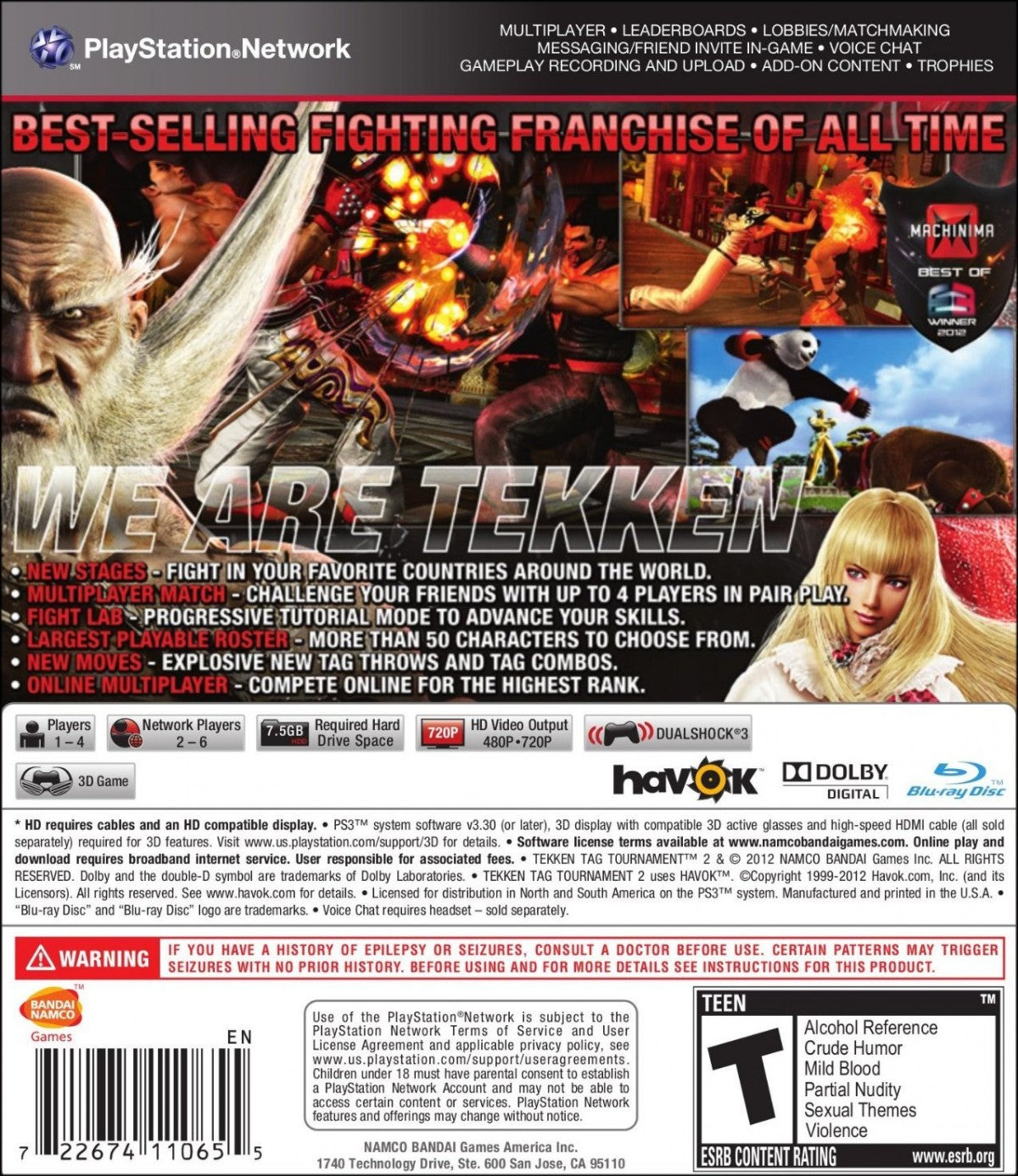 Tekken Tag Tournament 2 PlayStation 3 PS3 video game featuring 3D fighting gameplay iconic Tekken characters tag team battles character switching martial arts combat combo attacks special moves competitive matches and classic PlayStation 3 fighting gameplay retro video game collection collectible gaming appeal back cover art