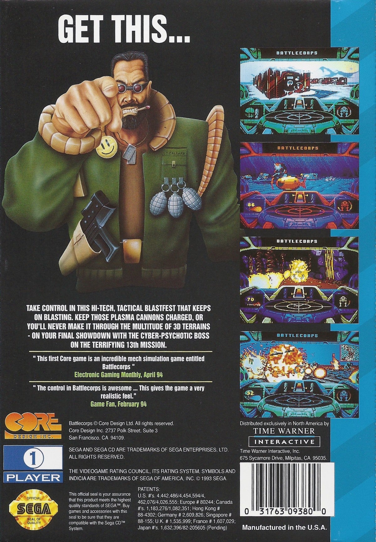 Battlecorps Sega CD side scrolling mech shooter sci fi action game giant robot combat military missions futuristic battlefield shooting platforming elements fast paced arcade gameplay Psygnosis retro gaming Sega CD software video game title back cover art