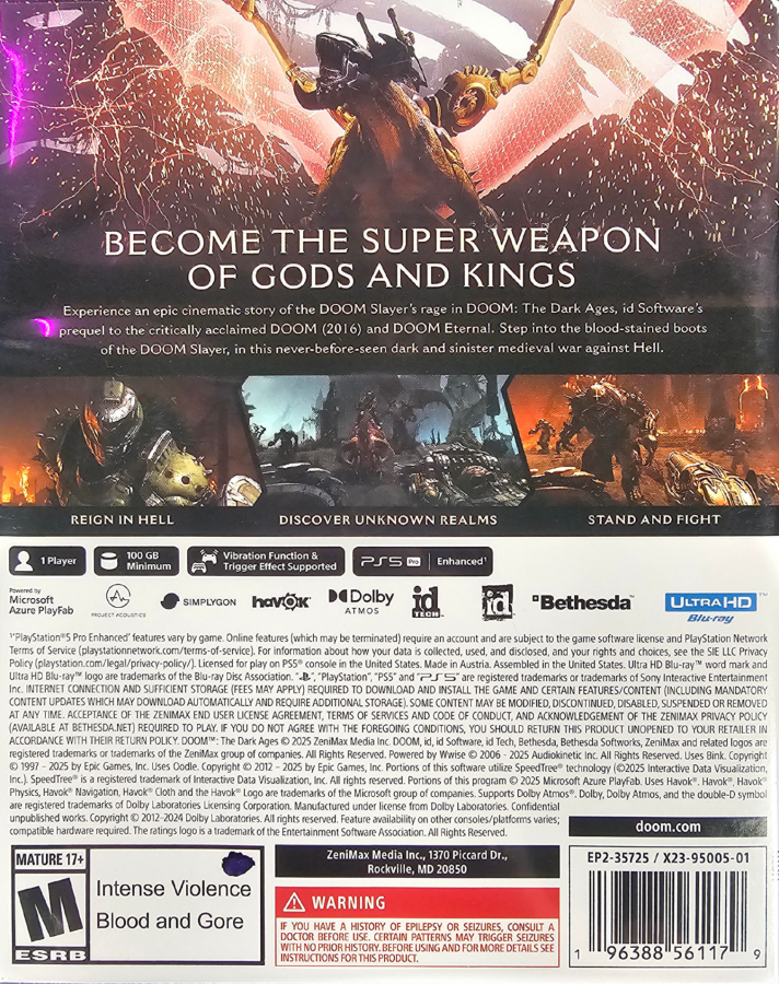 DOOM The Dark Ages PlayStation 5 PS5 for first person shooter video game fans featuring brutal demon combat medieval dark fantasy environments powerful weapons heavy armor shield combat chainsaw action intense boss battles cinematic campaign missions and fast paced demon slaying gameplay collectible gaming appeal back cover art