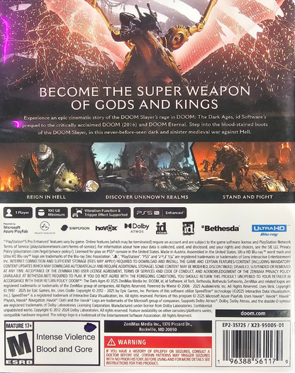 DOOM The Dark Ages PlayStation 5 PS5 for first person shooter video game fans featuring brutal demon combat medieval dark fantasy environments powerful weapons heavy armor shield combat chainsaw action intense boss battles cinematic campaign missions and fast paced demon slaying gameplay collectible gaming appeal back cover art