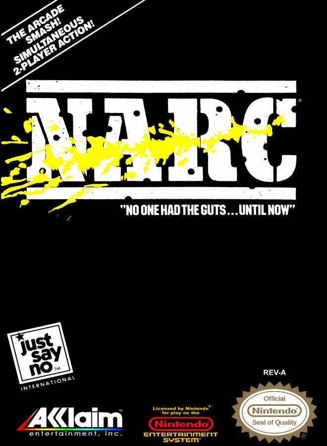 NARC Complete in Box CIB Nintendo Entertainment System NES for retro video game enthusiasts featuring side scrolling action shooter gameplay crime fighting missions explosive weapons challenging enemy encounters arcade style action complete in box collectible gaming appeal front cover