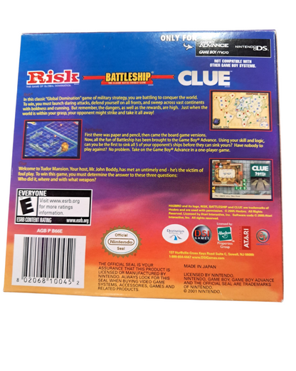 Risk Battleship Clue for Game Boy Advance strategy board game collection featuring digital versions of Risk Battleship and Clue with turn based gameplay and multiplayer modes gameplay  back covr 