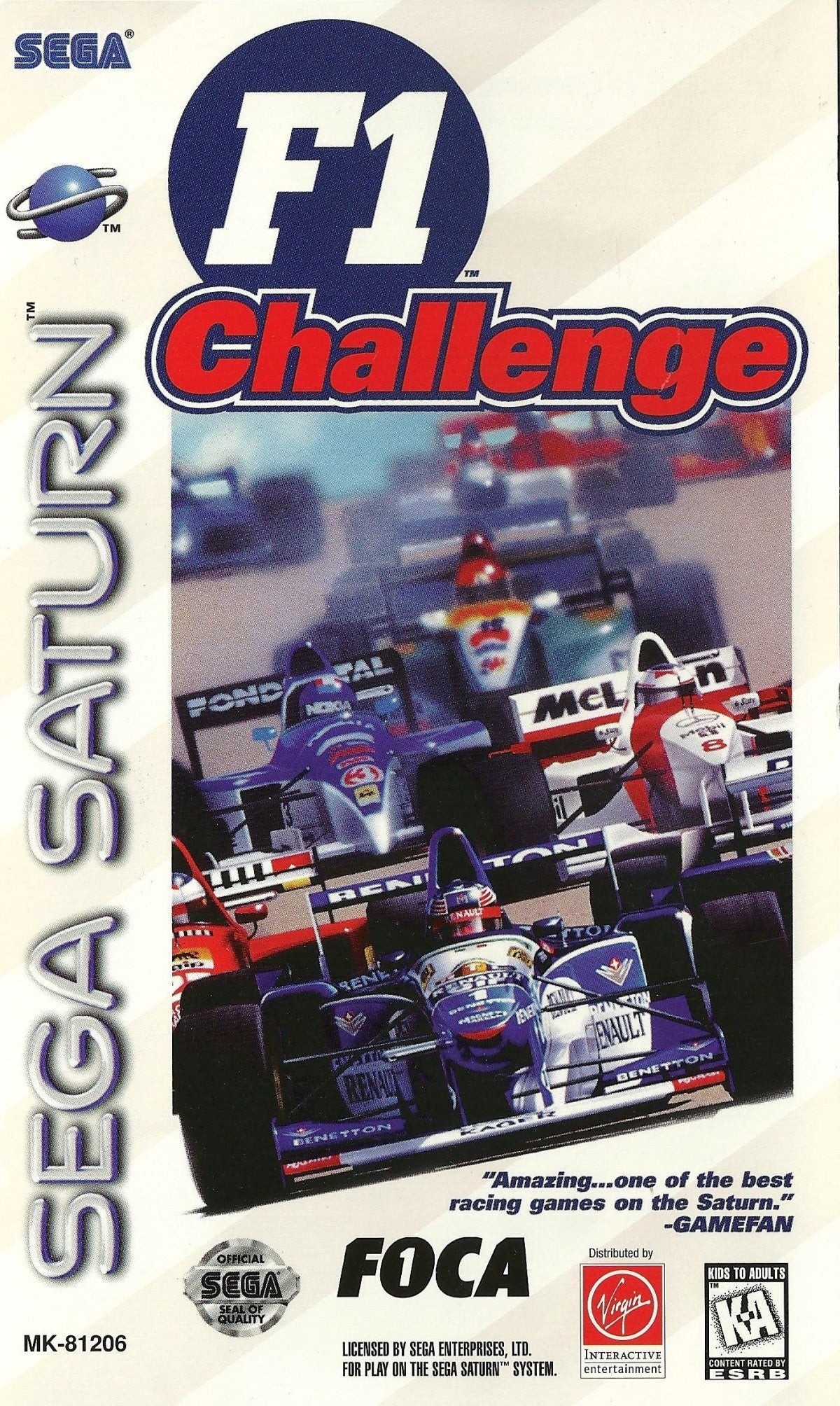 F1 Challenge Sega Saturn Formula One racing game simulation style motorsport racing circuits realistic driving physics championship mode cockpit and third person racing Sega licensed F1 gameplay retro gaming Sega Saturn software video game title cover art