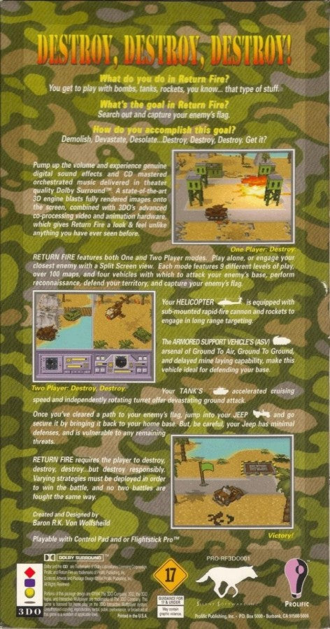 Return Fire back of case for Panasonic 3DO (3DO) vehicular combat strategy video game