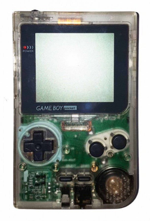 Nintendo Game Boy Pocket GBP Clear handheld gaming console featuring transparent shell design portable classic Nintendo gaming compatible with original Game Boy cartridges compact form factor authentic hardware scratch and scruff cosmetic condition collectible gaming appeal