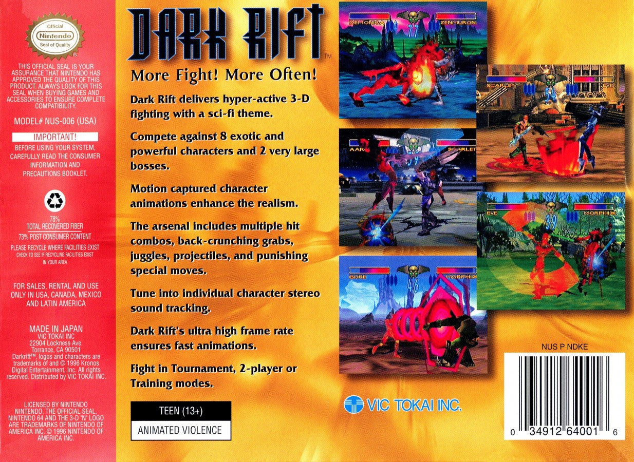 Dark Rift Nintendo 64 N64 for 3D fighting video game fans featuring unique fighters intense arena battles punches kicks special attacks powerful combos character abilities competitive gameplay and classic Nintendo 64 action collectible retro gaming appeal back cover art