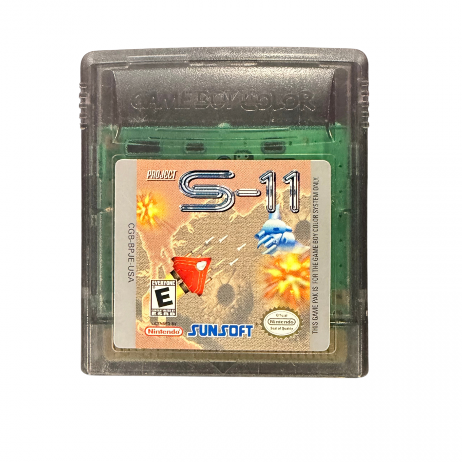 Project S-11 Game Boy Color GBC video game featuring vertical scrolling shoot em up gameplay spaceship combat enemy waves power ups challenging stages boss battles and classic handheld arcade action retro video game collection collectible gaming appeal front of cartridge