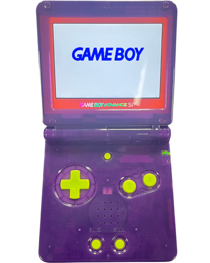 Retro GBA SP custom shell IPS mod inspired design featuring upgraded Nintendo handheld gaming console aesthetic vibrant custom housing backlit IPS display rechargeable clamshell portable system nostalgic retro gaming hardware presentation open on