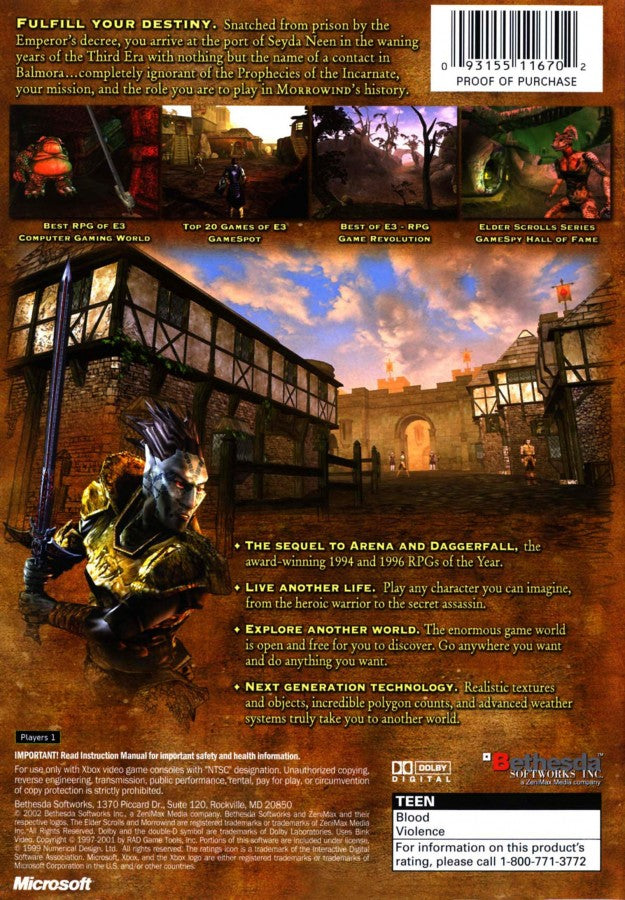 The Elder Scrolls III Morrowind for Xbox open world role playing game featuring expansive fantasy world deep character customization immersive questing and classic Bethesda RPG experience back cover