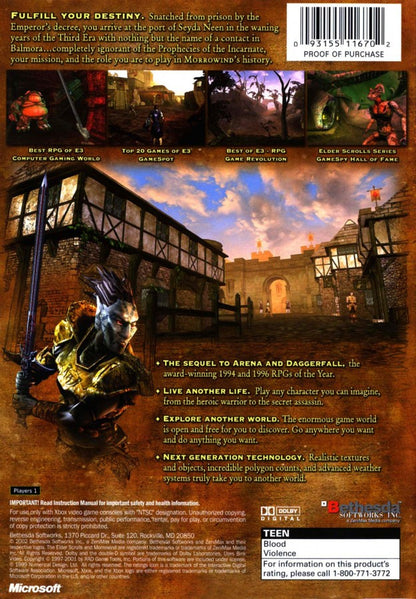 The Elder Scrolls III Morrowind for Xbox open world role playing game featuring expansive fantasy world deep character customization immersive questing and classic Bethesda RPG experience back cover