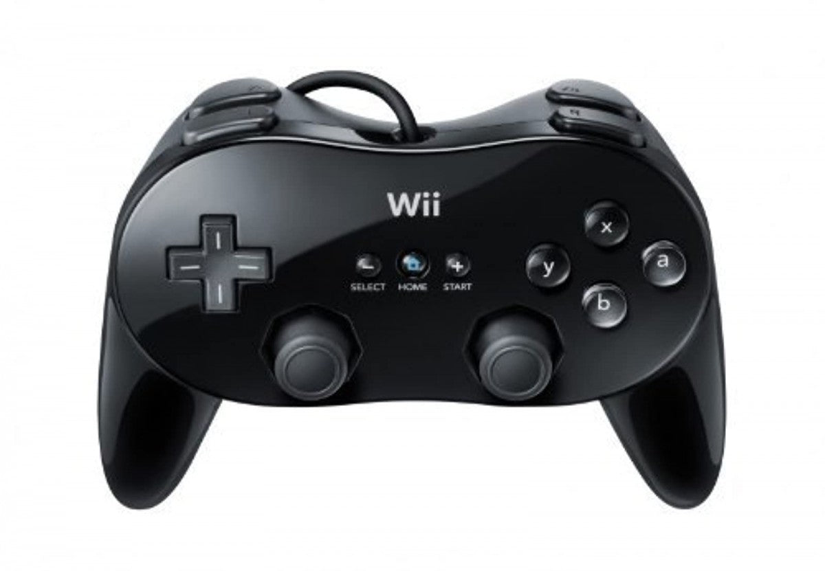 Official Nintendo black Wii Classic Pro controller featuring dual analog sticks, action buttons, shoulder buttons, and ergonomic design for Wii gaming