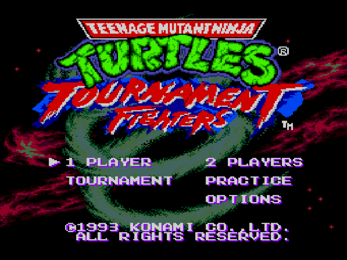 Teenage Mutant Ninja Turtles Tournament Fighters Sega Genesis retro video game fighting title screen (1993)