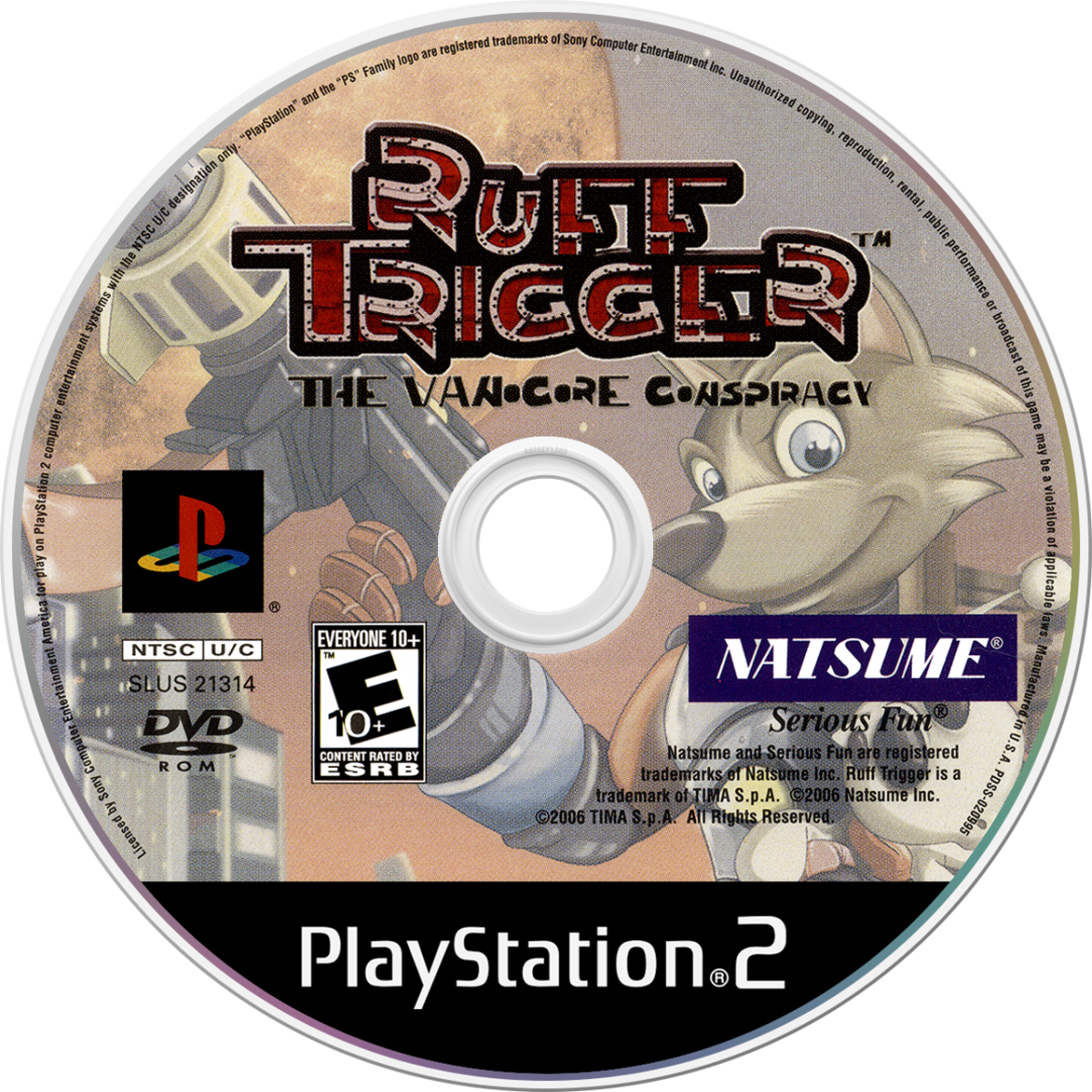 Ruff Trigger The Vanocore Conspiracy PS2 Sony PlayStation 2 action adventure platformer sci fi story anthropomorphic characters third person shooting puzzle solving exploration alien conspiracy gameplay cartoon style retro gaming PlayStation 2 software video game title disc