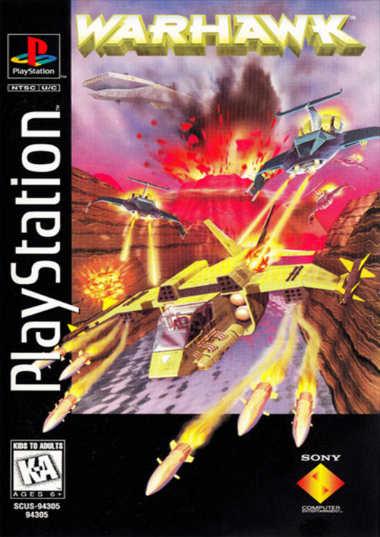 Warhawk [Long Box] for PlayStation 1 (PS1) at Gamers INC, featuring the high-flying 3D flight combat classic in its rare, collectible early-release "Long Box" packaging; take to the skies as a pilot of the advanced Warhawk fighter to defend your nation against the tyrannical Kreel, engaging in intense dogfights and bombing runs across diverse terrain in one of the PlayStation's earliest showcases of cinematic aerial action and groundbreaking polygon graphics front box
