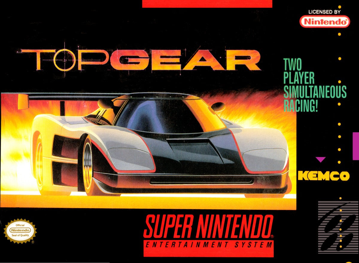 Top Gear cartridge for the Super Nintendo Entertainment System featuring 16 bit racing gameplay with fast paced arcade style cars multiple tracks and competitive time trial and multiplayer modes front cover