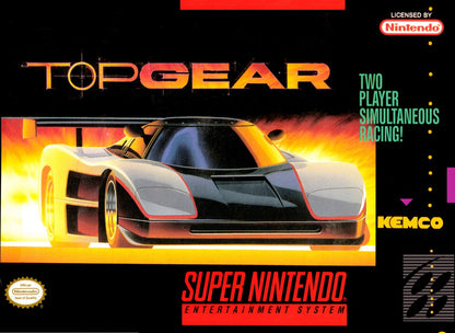 Top Gear cartridge for the Super Nintendo Entertainment System featuring 16 bit racing gameplay with fast paced arcade style cars multiple tracks and competitive time trial and multiplayer modes front cover