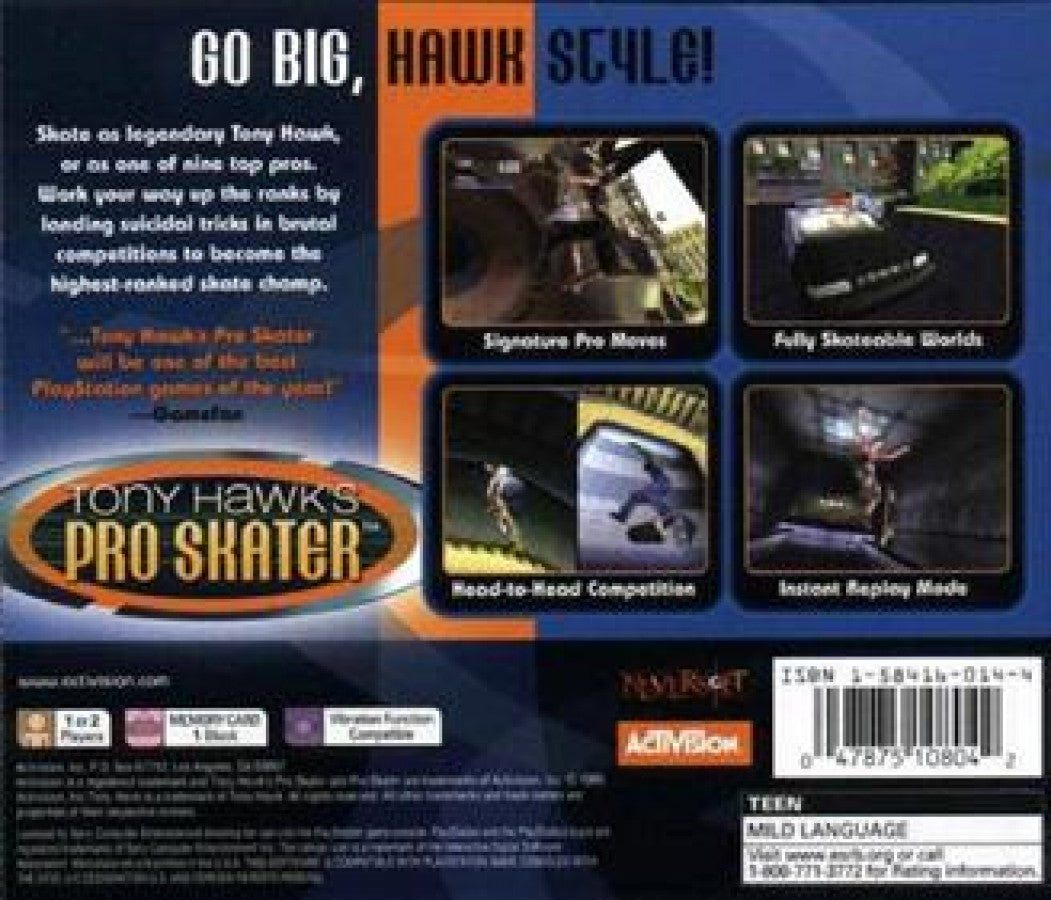 Tony Hawk’s Pro Skater [Greatest Hits] back cover art for PlayStation 1 (PS1) video game, skateboarding sports action, trick-based gameplay, classic extreme sports title