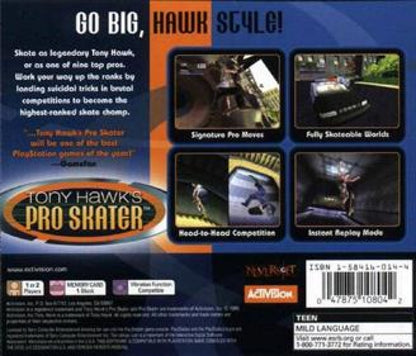 Tony Hawk’s Pro Skater [Greatest Hits] back cover art for PlayStation 1 (PS1) video game, skateboarding sports action, trick-based gameplay, classic extreme sports title